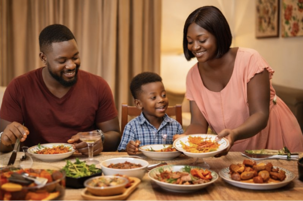 Mother serving food to her husband and child at a family dining table