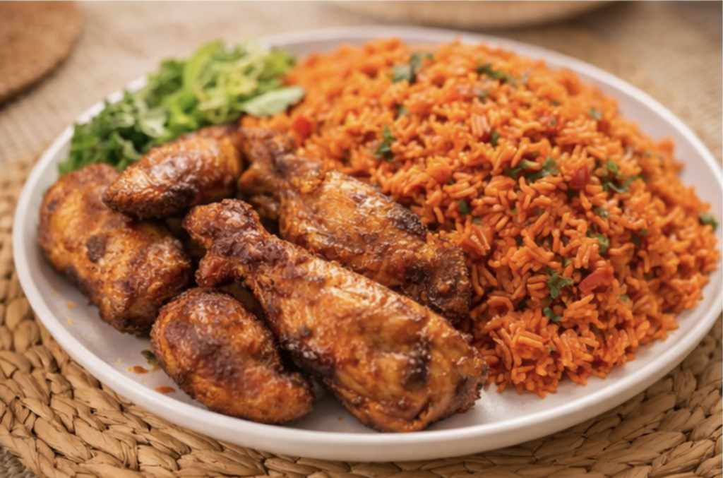 Plate of Ghanaian jollof rice served with fried chicken, a meal that reminds me of childhood