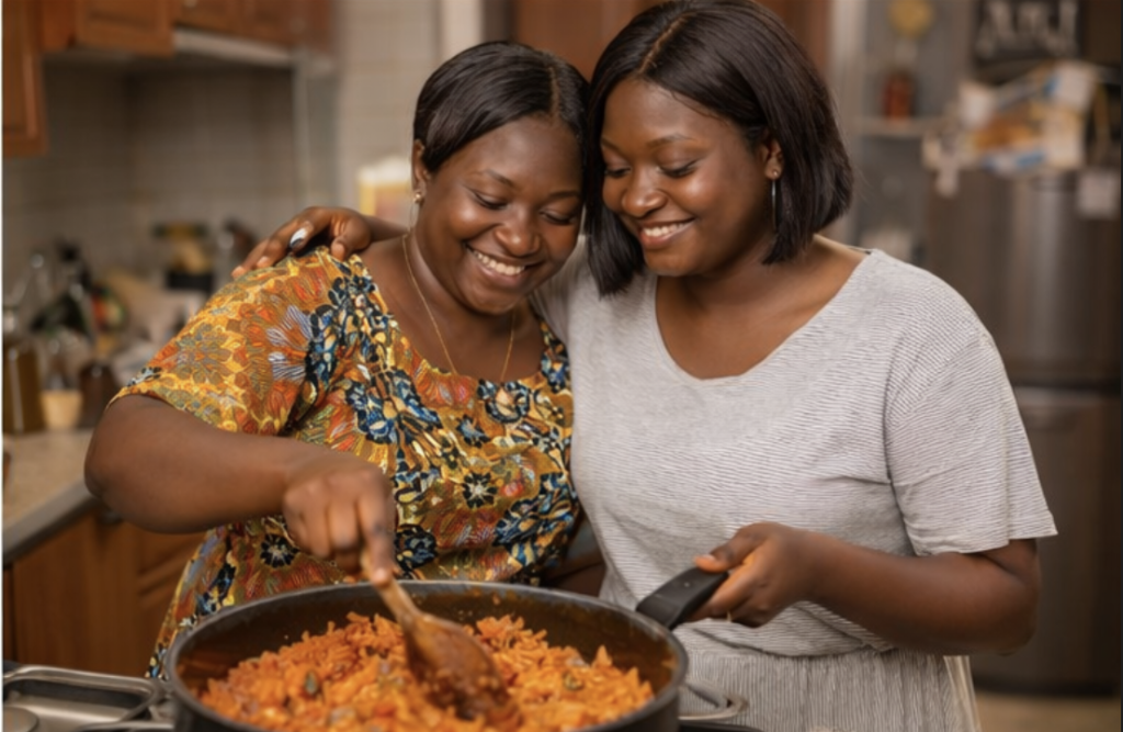 Mother and daughter cooking jollof rice together in a home kitchen