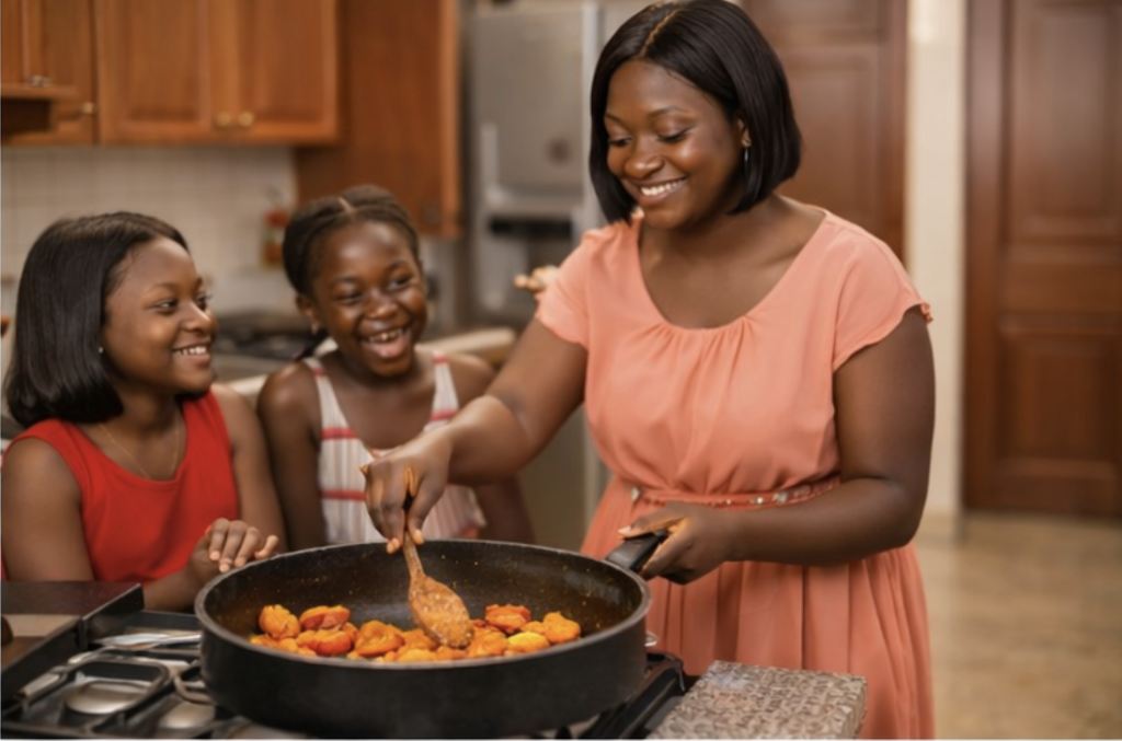 Mother frying ripe plantain in the kitchen while two young girls watch and laugh