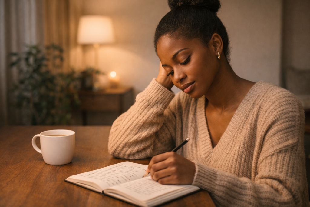 Young Ghanaian woman journaling at a desk with tea, reflecting on relationship patterns
