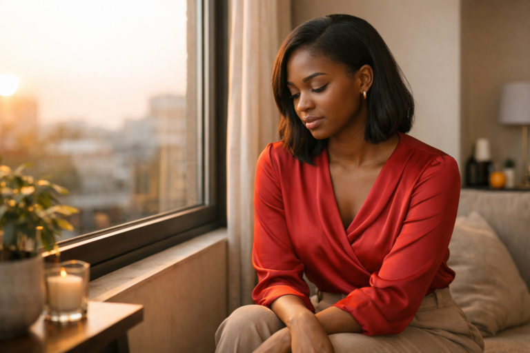 Thoughtful Ghanaian woman sitting by a window in a red satin blouse, reflecting during golden hour