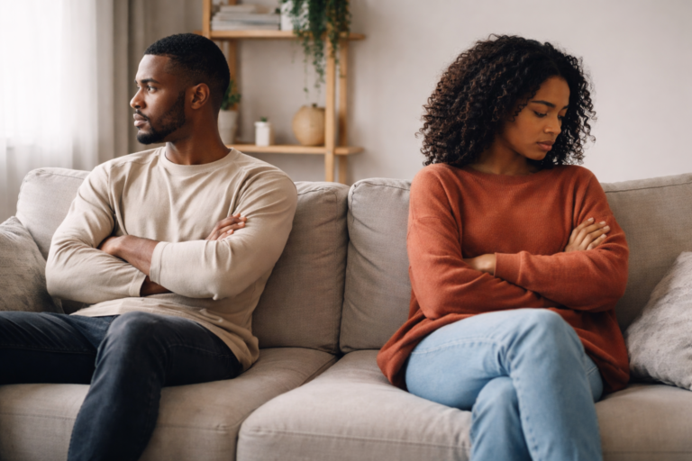 Silent treatment in relationships showing a couple sitting apart on a couch in a tense atmosphere