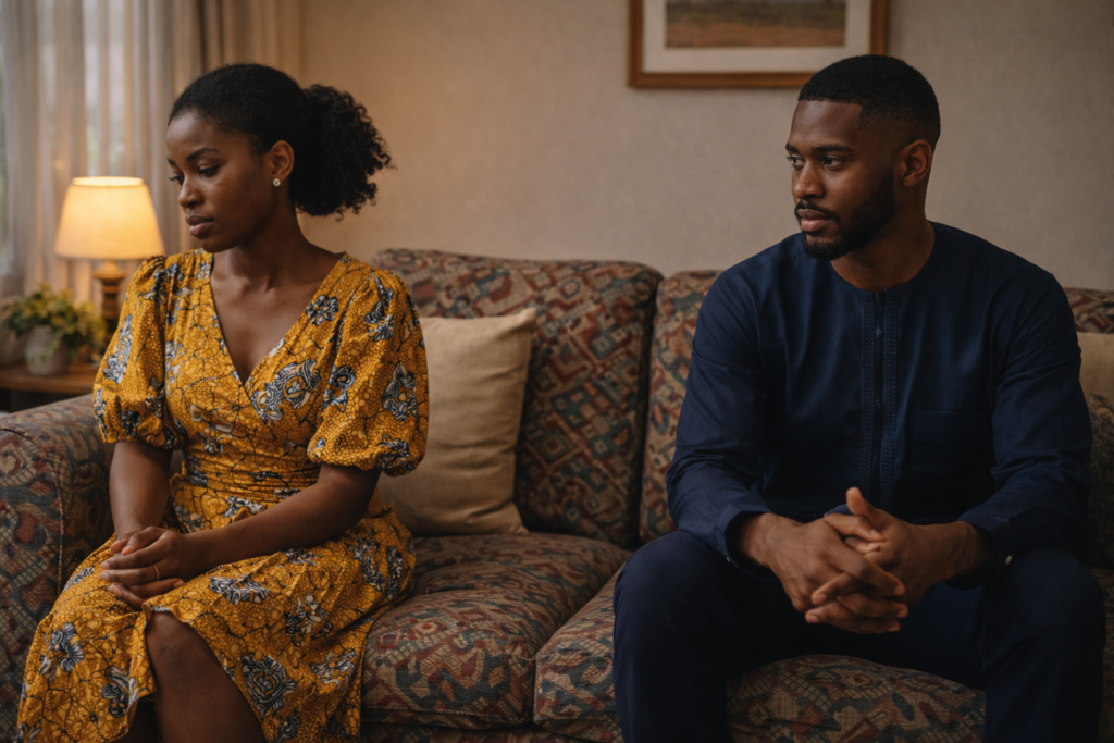 Young Ghanaian couple sitting apart on a couch in emotional tension and deep reflection in a relationship