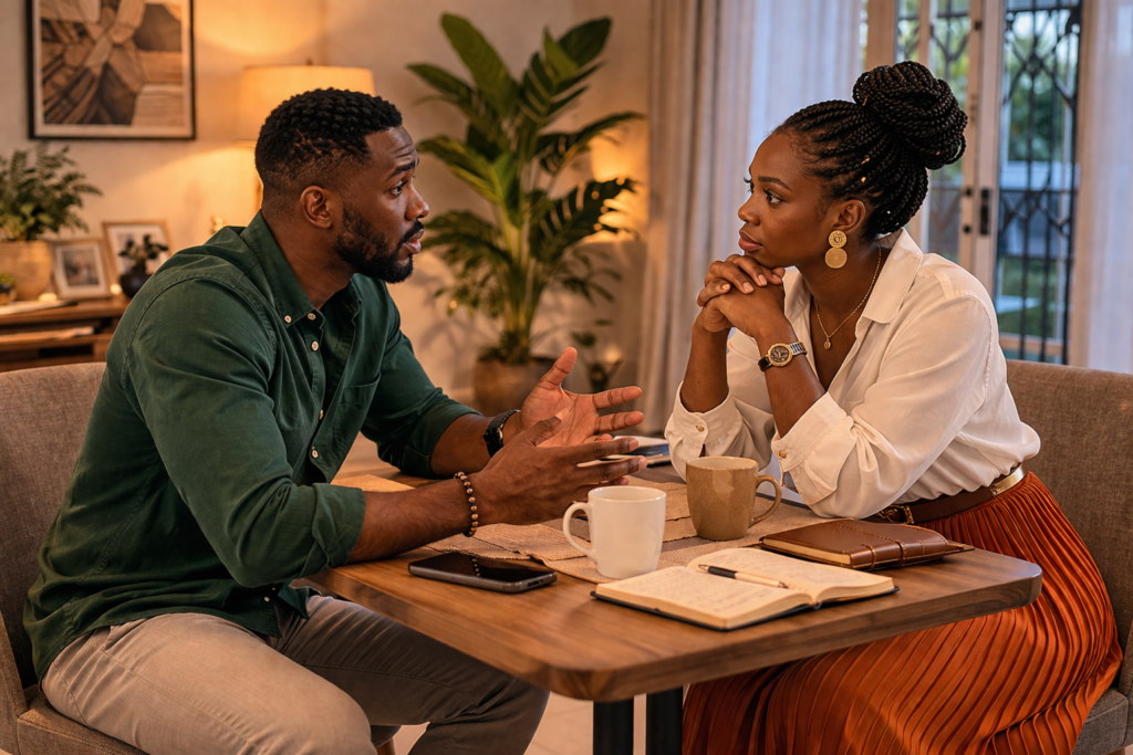 African couple having a calm and honest conversation at a dining table about their relationship, breaking free from sexual sin in a relationship