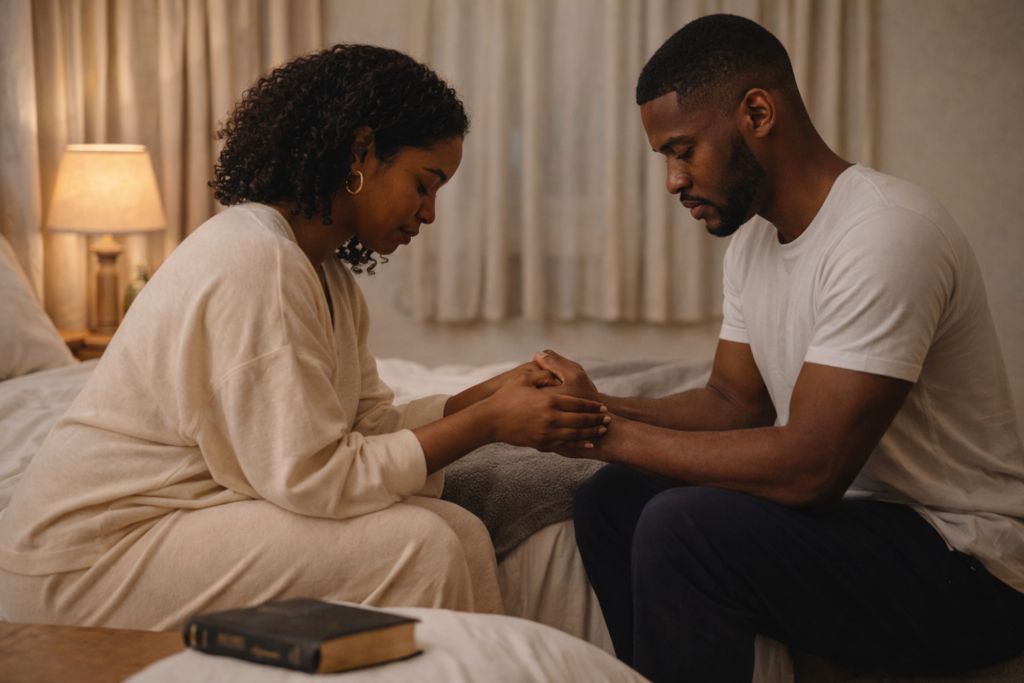 Couple praying together in a bedroom seeking strength and guidance in their relationship. from sexual sin.