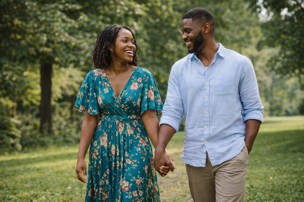 Happy African couple walking in a park holding hands and building a healthy emotional connection