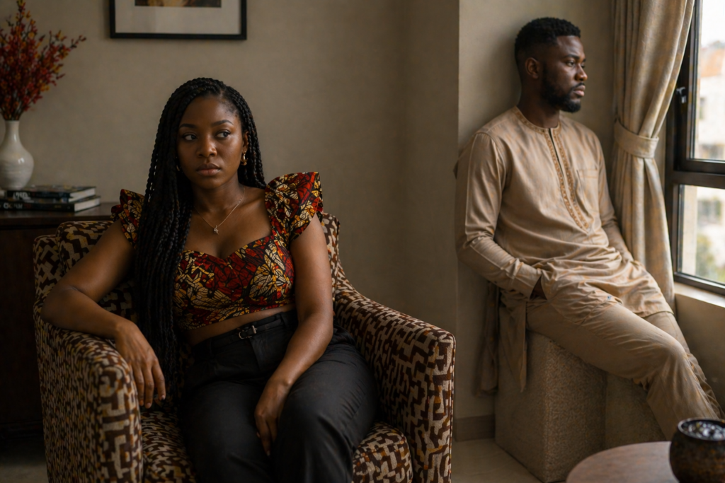 Couple experiencing emotional distance and relationship disconnection in the same room