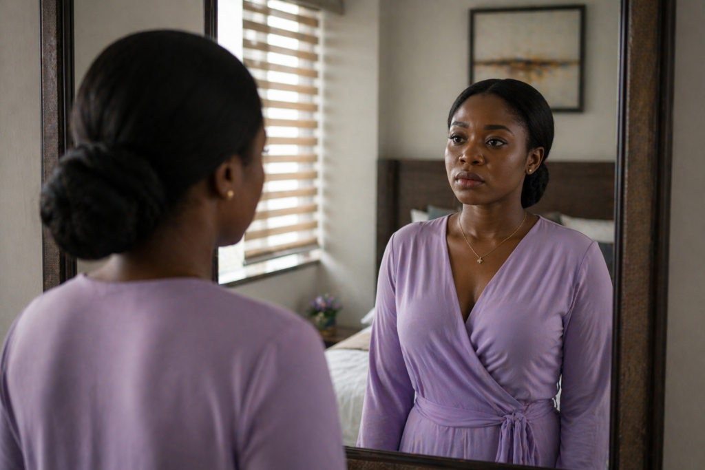 Woman realizing signs God is telling you to let go of a relationship while looking at her reflection