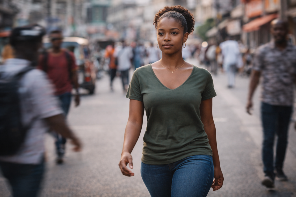 Ghanaian woman walking confidently in a busy street, symbolizing growth and independence