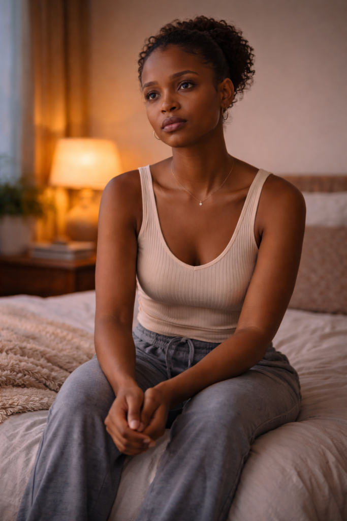 Ghanaian woman sitting on bed thinking deeply about relationship love is not enough in a relationship