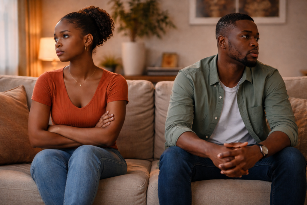 Ghanaian couple sitting apart on a couch in silence showing emotional distance— love is not enough in a relationship