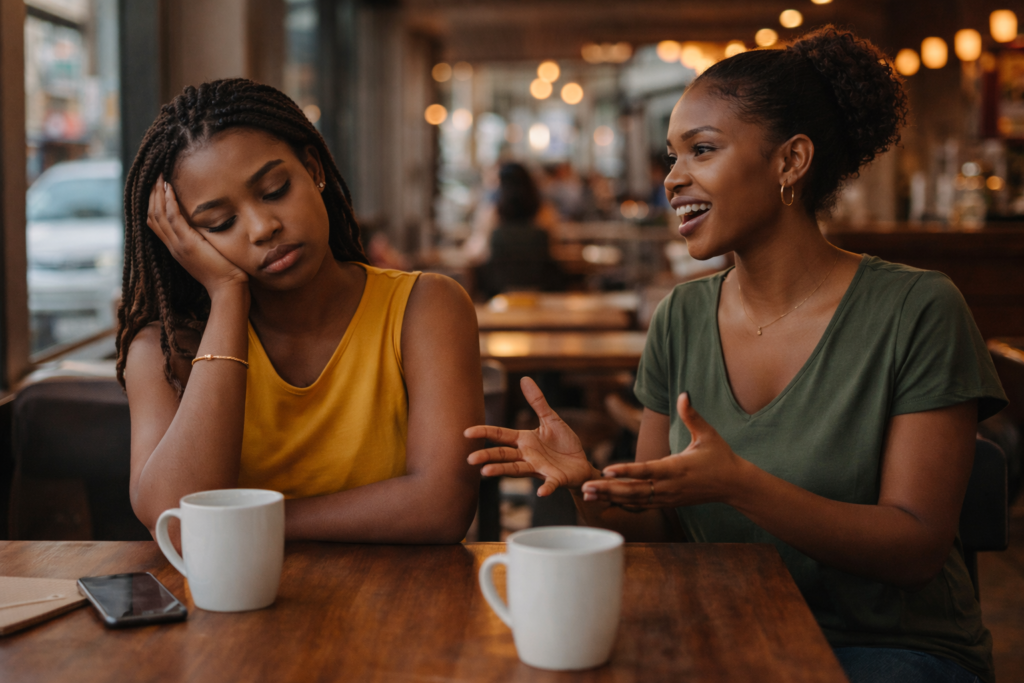 Two Ghanaian women at a café showing energy giver and energy drainer dynamic, truths about life