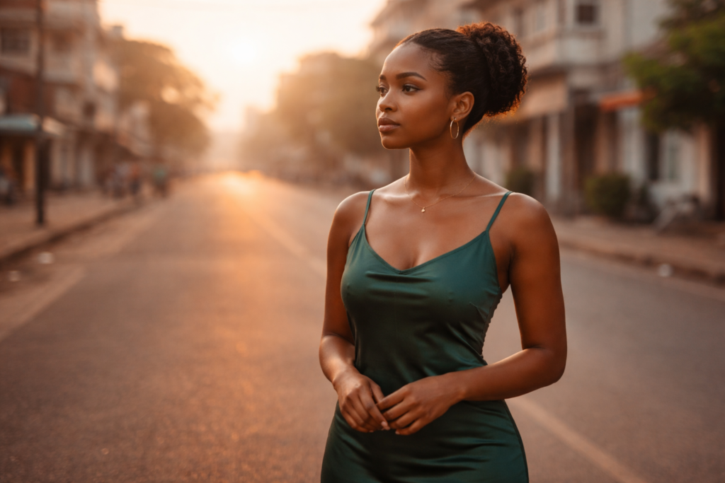 Confident Ghanaian woman standing alone on a quiet street at sunrise, reflec
