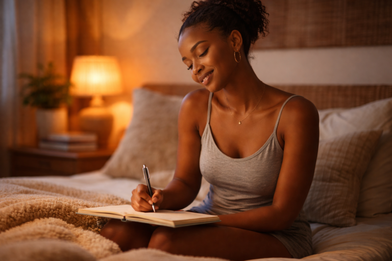 Ghanaian woman journaling at night in a cozy bedroom, symbolizing healing and forgiveness