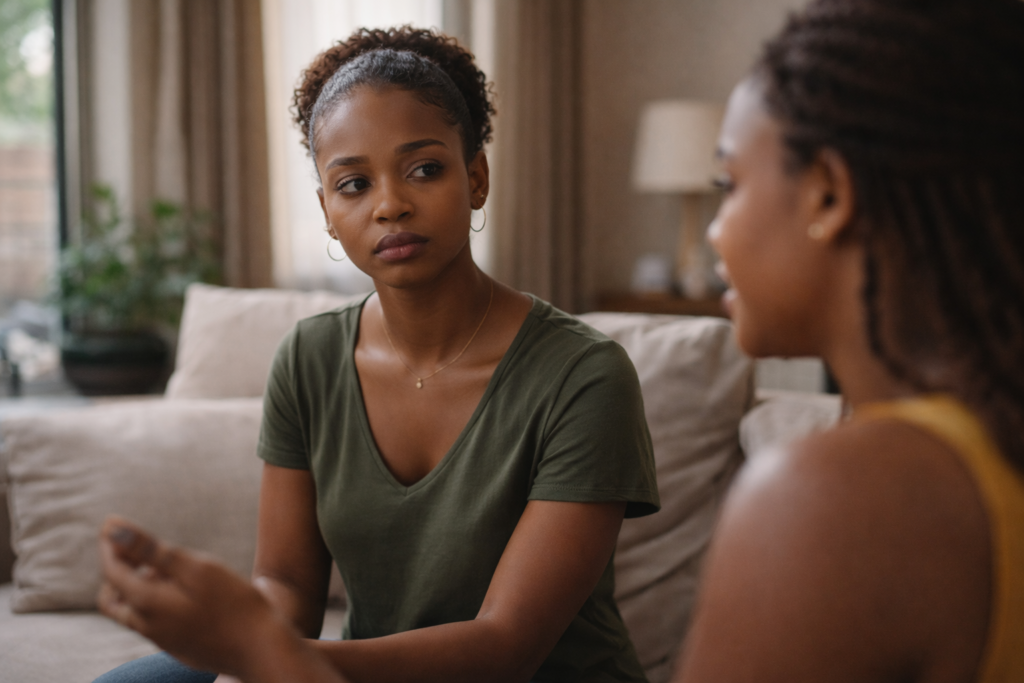 Ghanaian woman listening with concern to her friend in a living room conversation