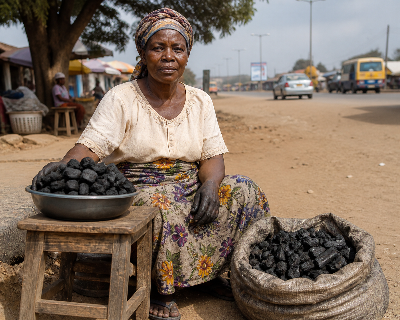 African mother selling charcoal by the roadside with stained hands and calm expression – mother sold charcoal to educate her children