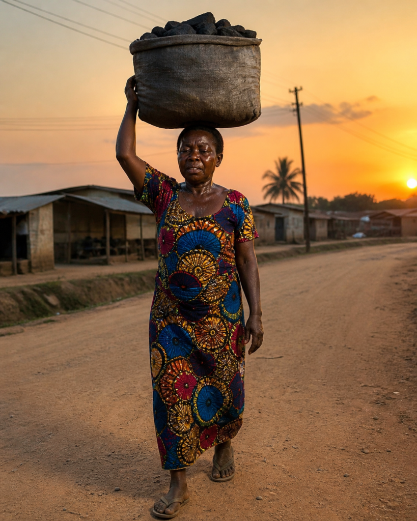 African woman carrying charcoal on her head walking on a dusty road at sunset – mother sold charcoal to educate her children