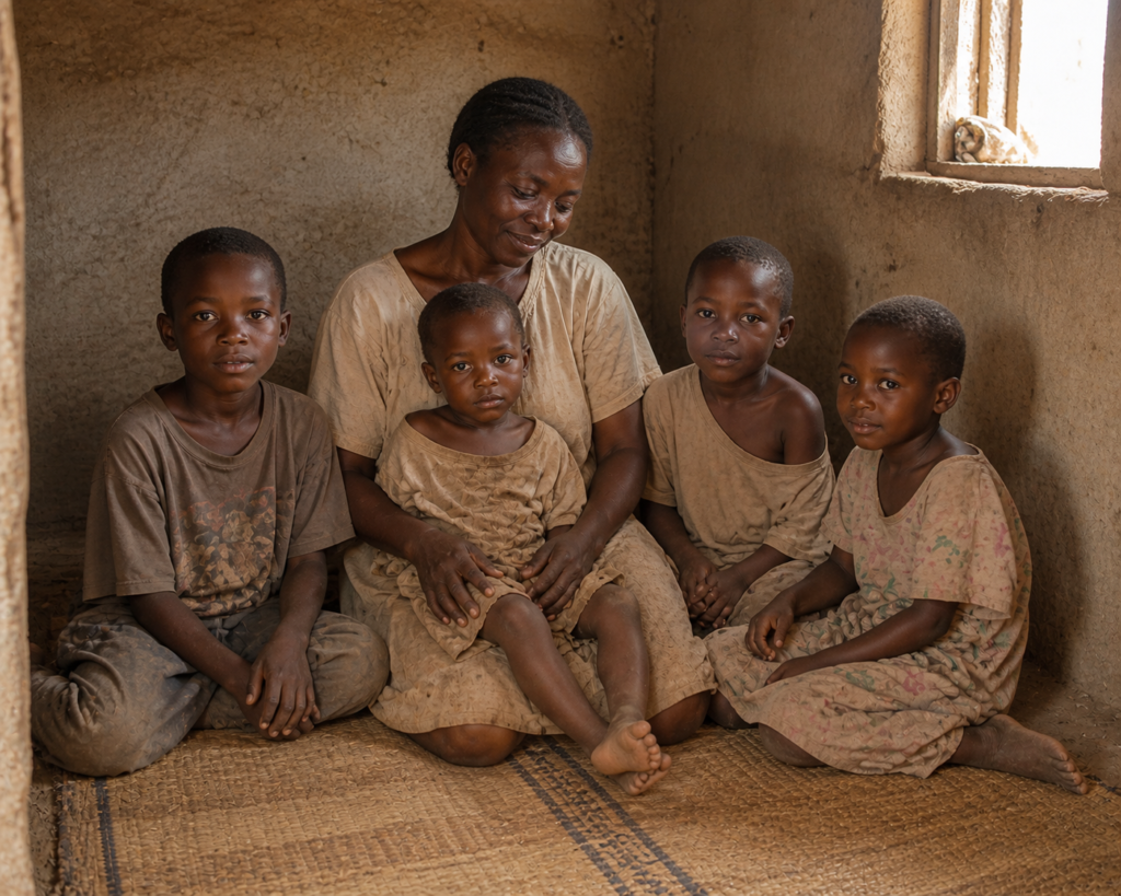 African mother sitting with her children in a small one-room home with no furniture