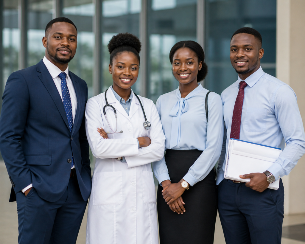 Four successful African professionals standing confidently in career outfits after overcoming hardship