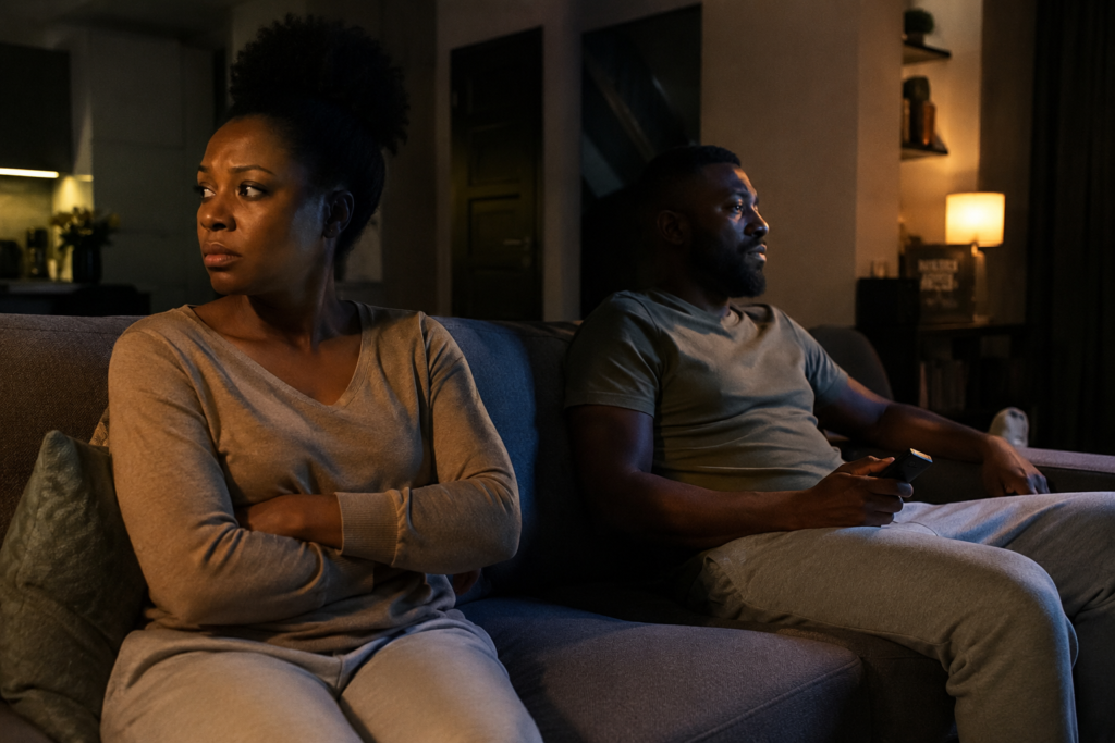 African married couple sitting silently apart in a dimly lit living room at night, showing emotional distance and relationship tension.