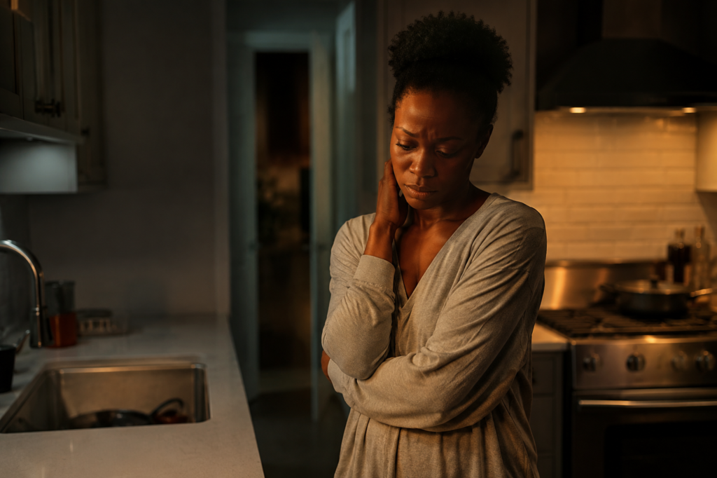African woman standing alone in a kitchen late at night looking emotional and deep in thought.
