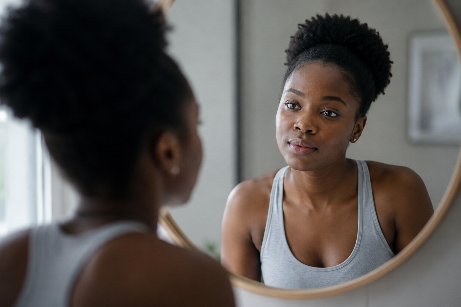 Young African woman looking thoughtfully into a mirror, reflecting on self-worth, personal growth, and positive affirmations.