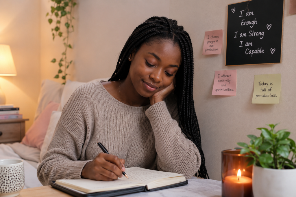 Young African woman journaling in a cozy room while practicing self-reflection and personal development.