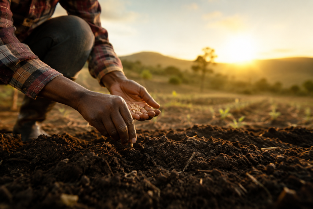 African farmer gently planting seeds into rich soil at sunrise in a peaceful rural landscape.