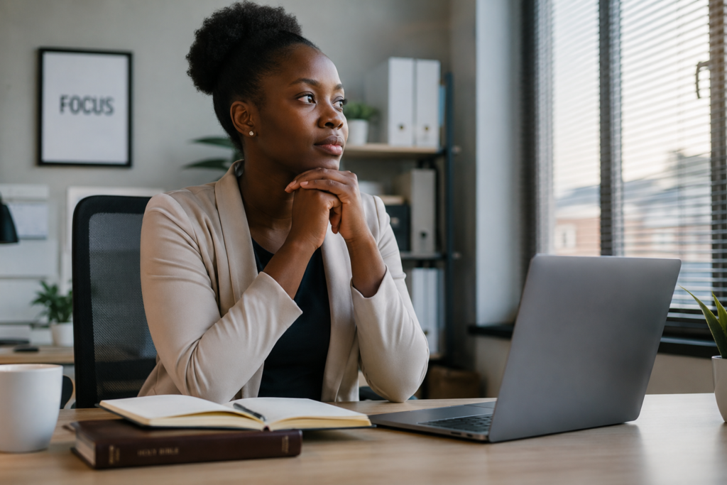 Young African woman sitting thoughtfully at her office desk beside a Bible and notebook.