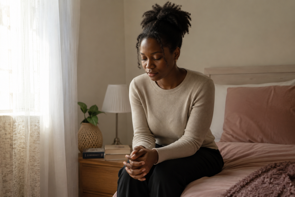 African woman sitting quietly on her bed in reflection with soft morning light through the curtains.