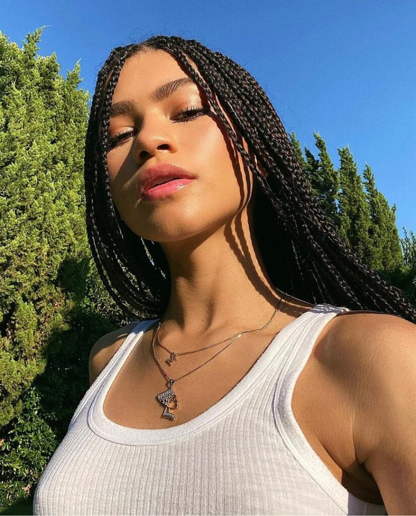 Zendaya taking a selfie outdoors with braided hair and glowing skin under sunlight. Zendaya's personality picture