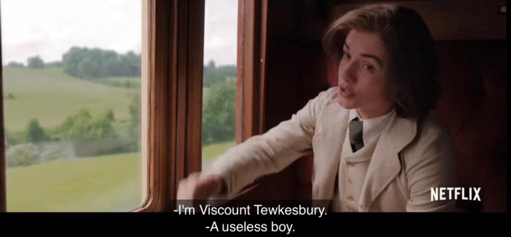 Viscount Tewkesbury introduces himself to Enola Holmes during their first meeting on a train.