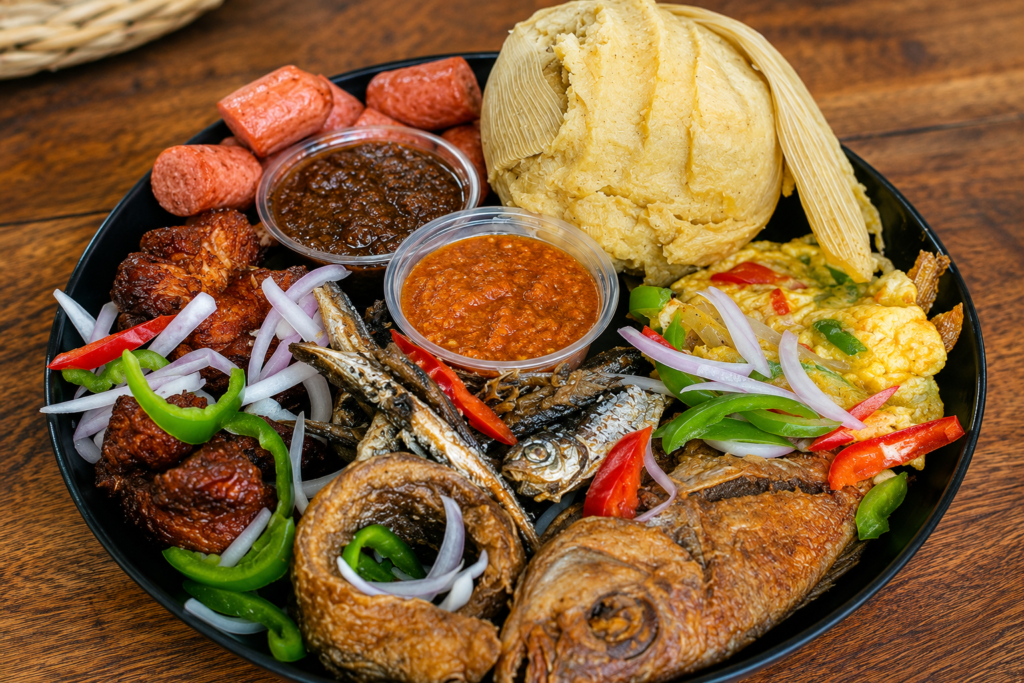A traditional Ghanaian Ga kenkey meal served with fried fish, pepper sauce, shito, fried egg, fried gizzard, sausages, onions, and fresh vegetables.