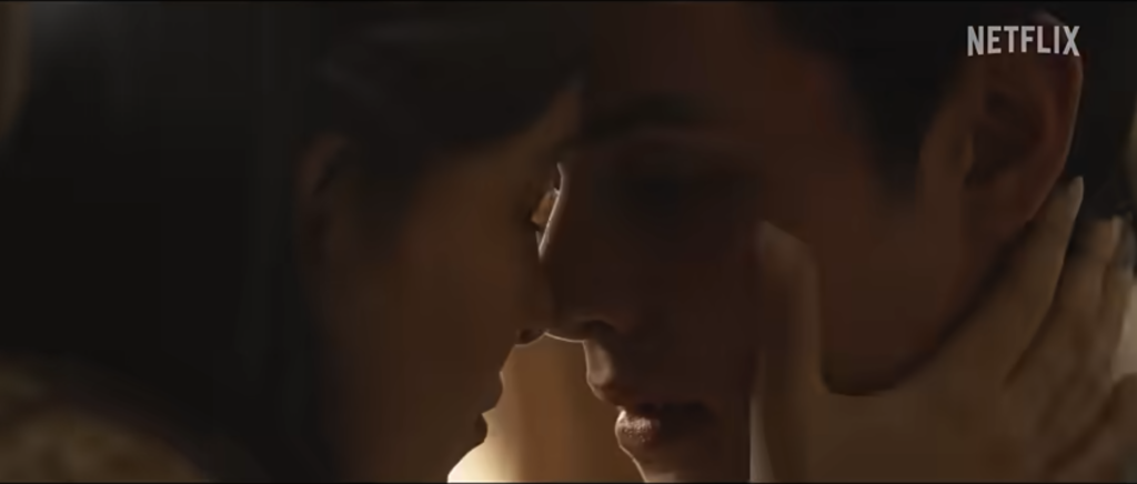 Enola Holmes and Lord Tewkesbury share a romantic moment before their wedding in Enola Holmes 3.