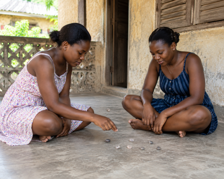 Two Ghanaian women playing the traditional En-Ones stone game on a cement veranda, enjoying a nostalgic childhood-inspired moment.