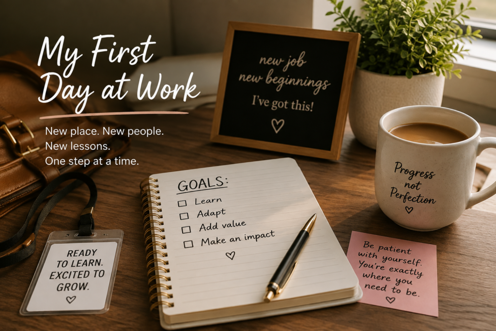 First day at work workspace with notebook, coffee and motivational notes