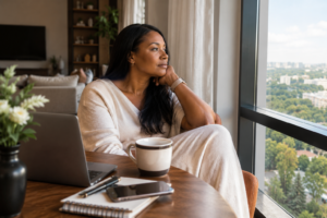 Black African woman sitting by a large window and reflecting quietly at home