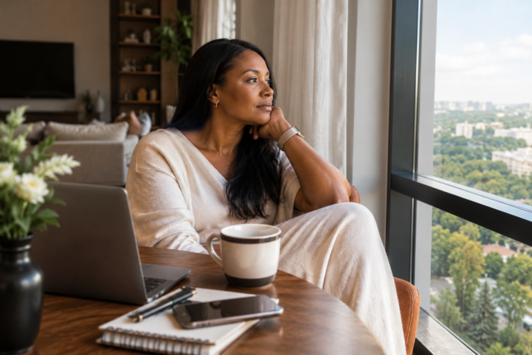 Black African woman sitting by a large window and reflecting quietly at home