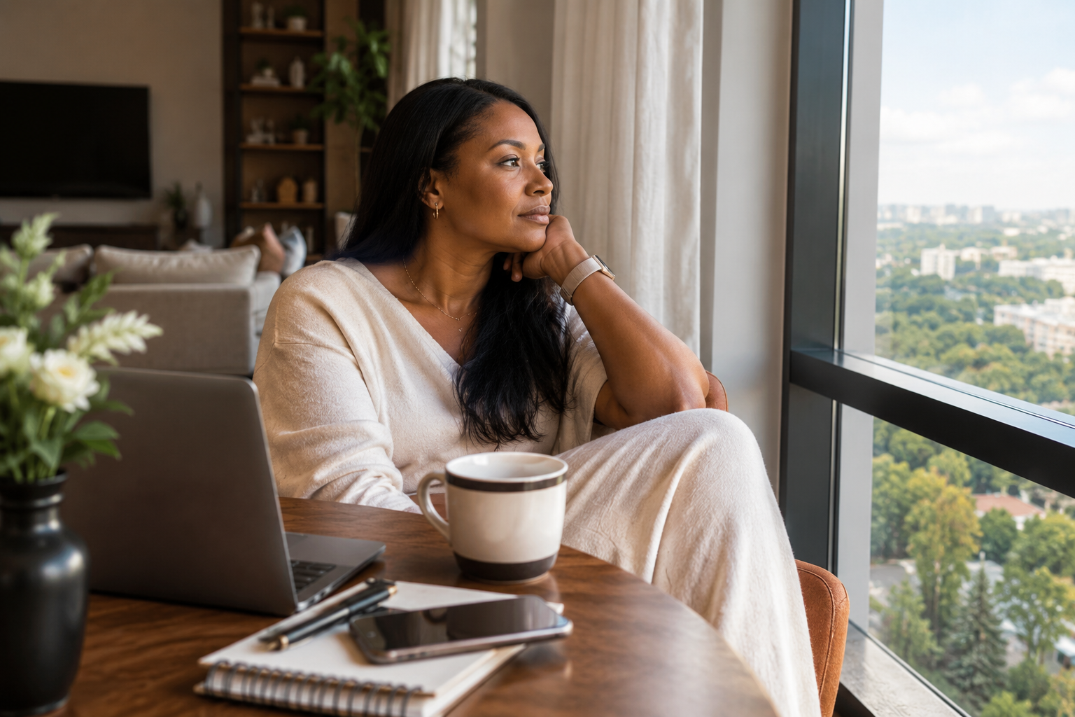 Black African woman sitting by a large window and reflecting quietly at home