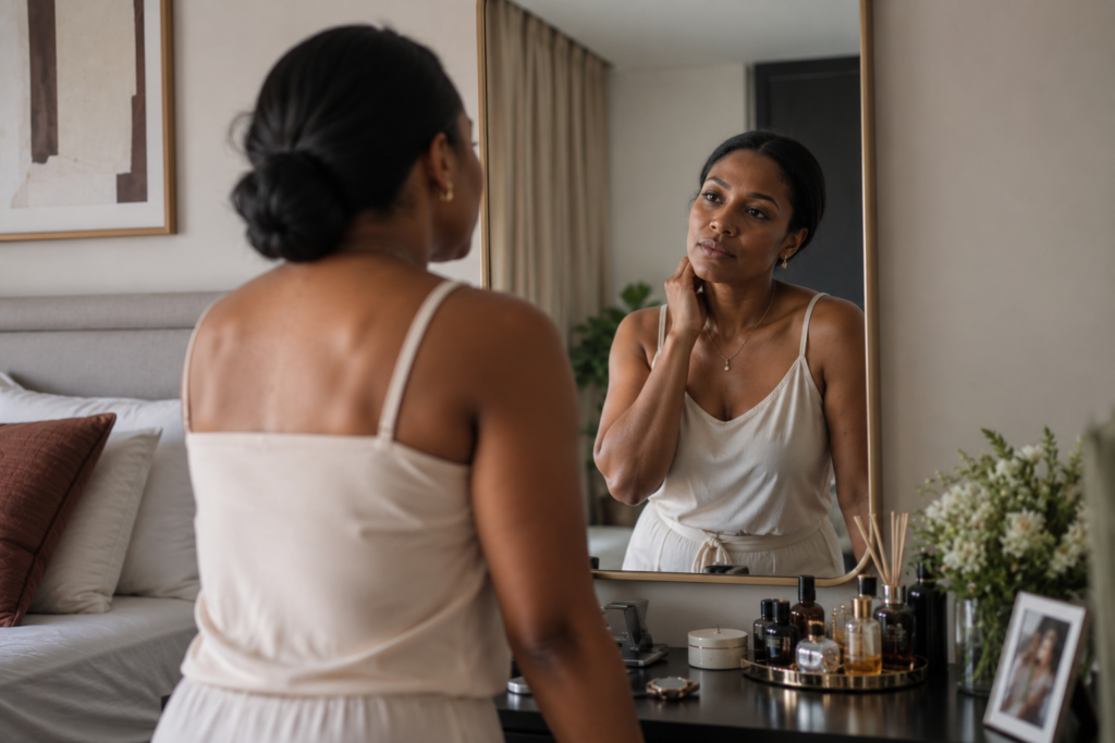 Black African woman thoughtfully looking at her reflection in a bedroom mirror