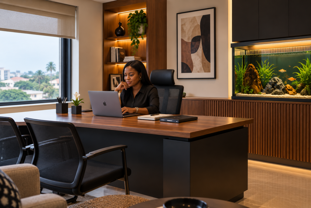 Modern Ghanaian office with a Black woman working at a wooden desk, a small potted flower and custom aquarium