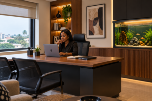 Modern Ghanaian office with a Black woman working at a wooden desk, a small potted flower and custom aquarium